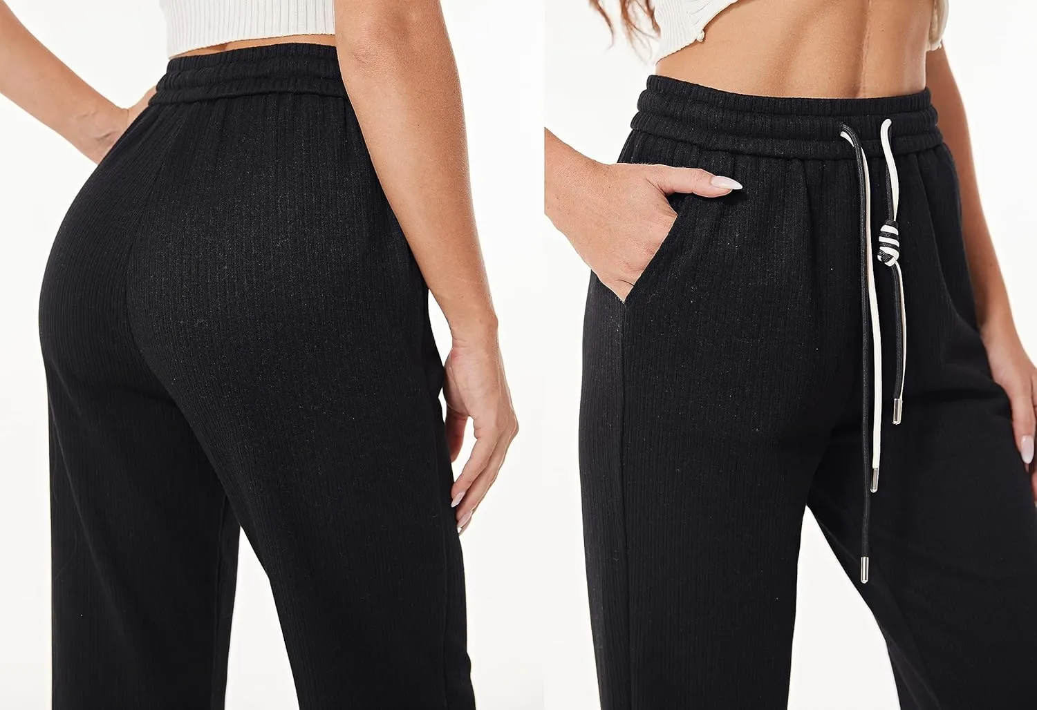 heipeiwa Women's Knit Cashmere Wool Blend Rib Wide Leg Flowy Fall Winter Thermal Sweater Pants Trouser