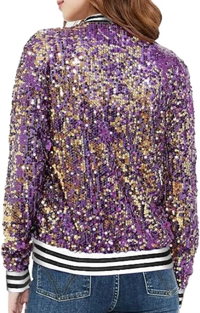 itnpbwus Sequin Jacket for Women Long Sleeved Front Zipper Ribbed Cuffs Bomber Jacket