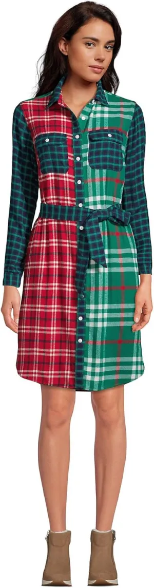 Lands' End Women's Flannel Button Front Long Sleeve Dress Holiday Pattern Mix Petite Medium