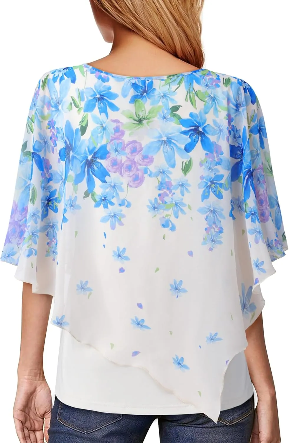 Lotusmile Women's Lightweight Flowy Shirt Double-Layered Printed Chiffon Poncho Blouse Top