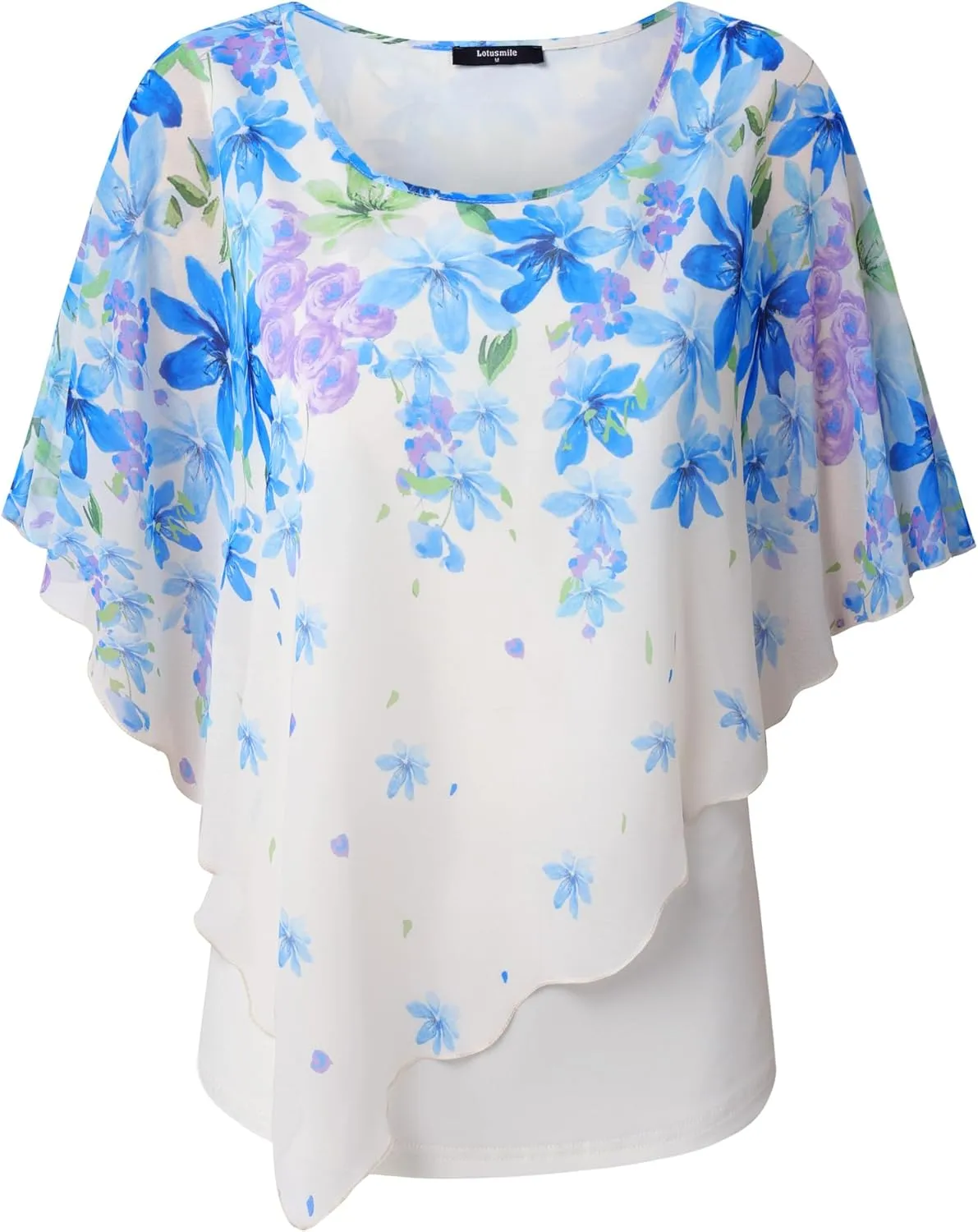 Lotusmile Women's Lightweight Flowy Shirt Double-Layered Printed Chiffon Poncho Blouse Top