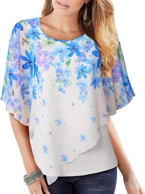 Lotusmile Women's Lightweight Flowy Shirt Double-Layered Printed Chiffon Poncho Blouse Top