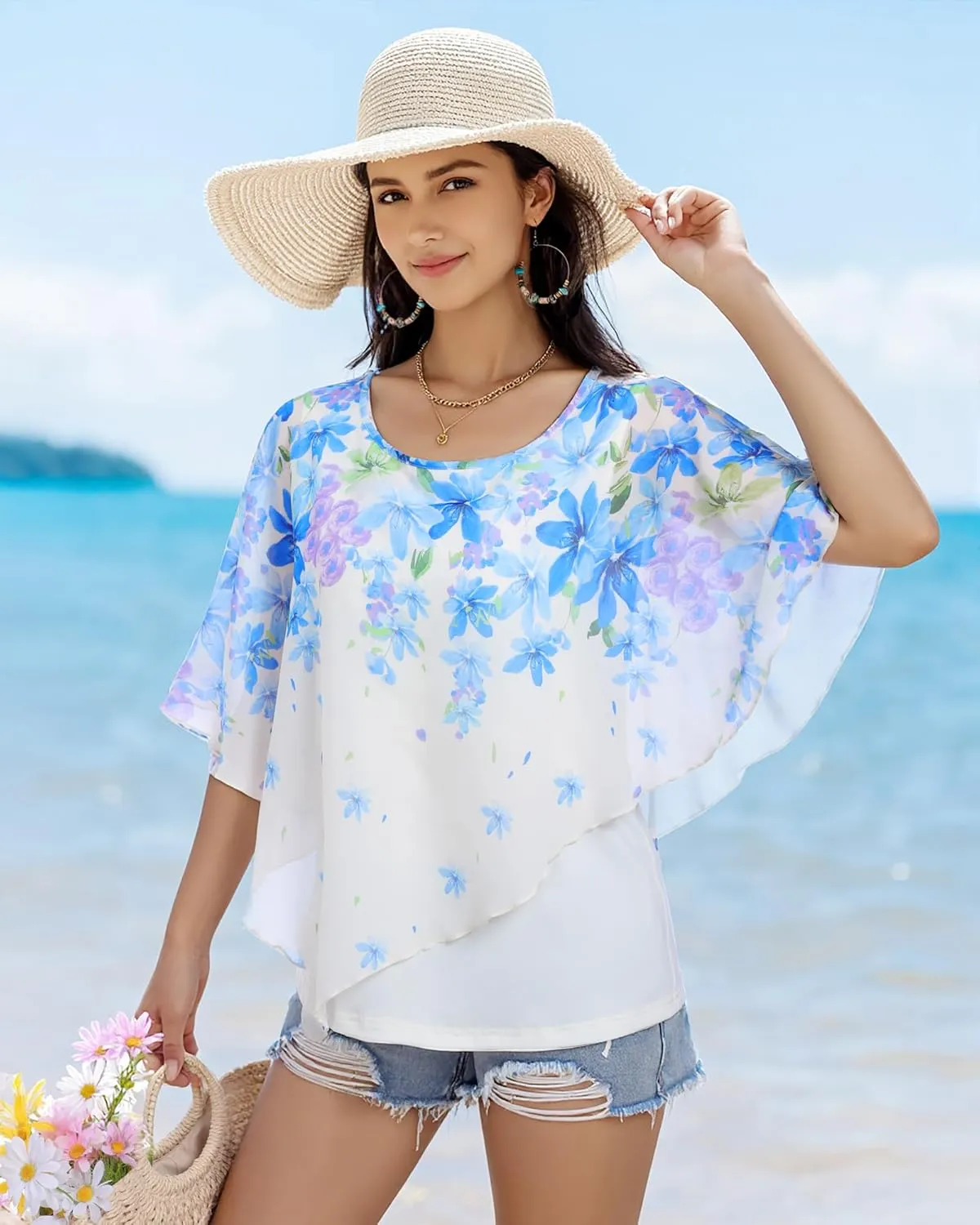 Lotusmile Women's Lightweight Flowy Shirt Double-Layered Printed Chiffon Poncho Blouse Top