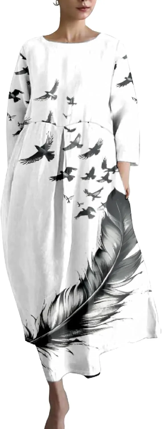 MARSVOVO Casual Boho Dress for Women Summer 2024 Trendy Plus Size Bird Print Crewneck 3/4 Sleeved Hide Belly Maxi Dress