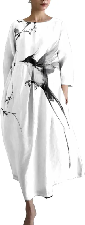 MARSVOVO Casual Boho Dress for Women Summer 2024 Trendy Plus Size Bird Print Crewneck 3/4 Sleeved Hide Belly Maxi Dress