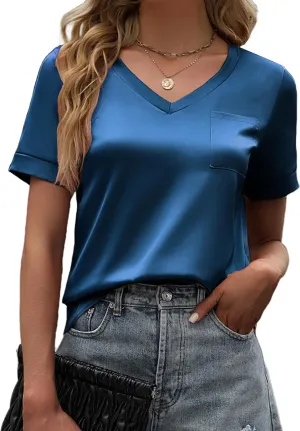 Maysoar Womens Satin Blouses for Women Short Sleeve Shirts V Neck Blouses Summer Casual Tops with Front Pocket