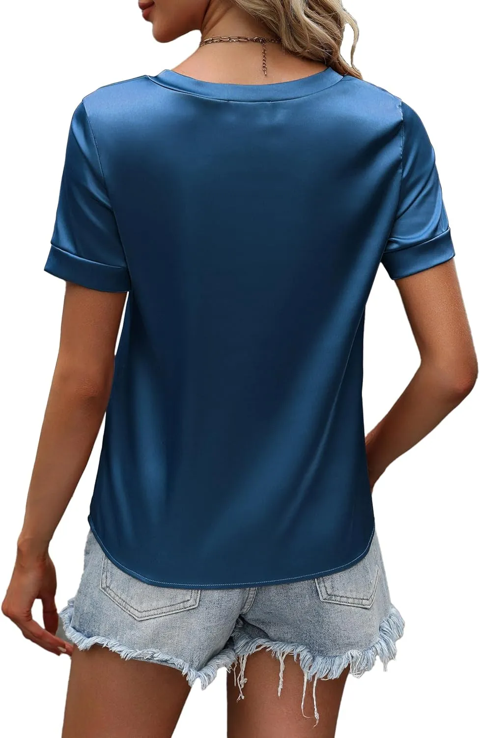 Maysoar Womens Satin Blouses for Women Short Sleeve Shirts V Neck Blouses Summer Casual Tops with Front Pocket