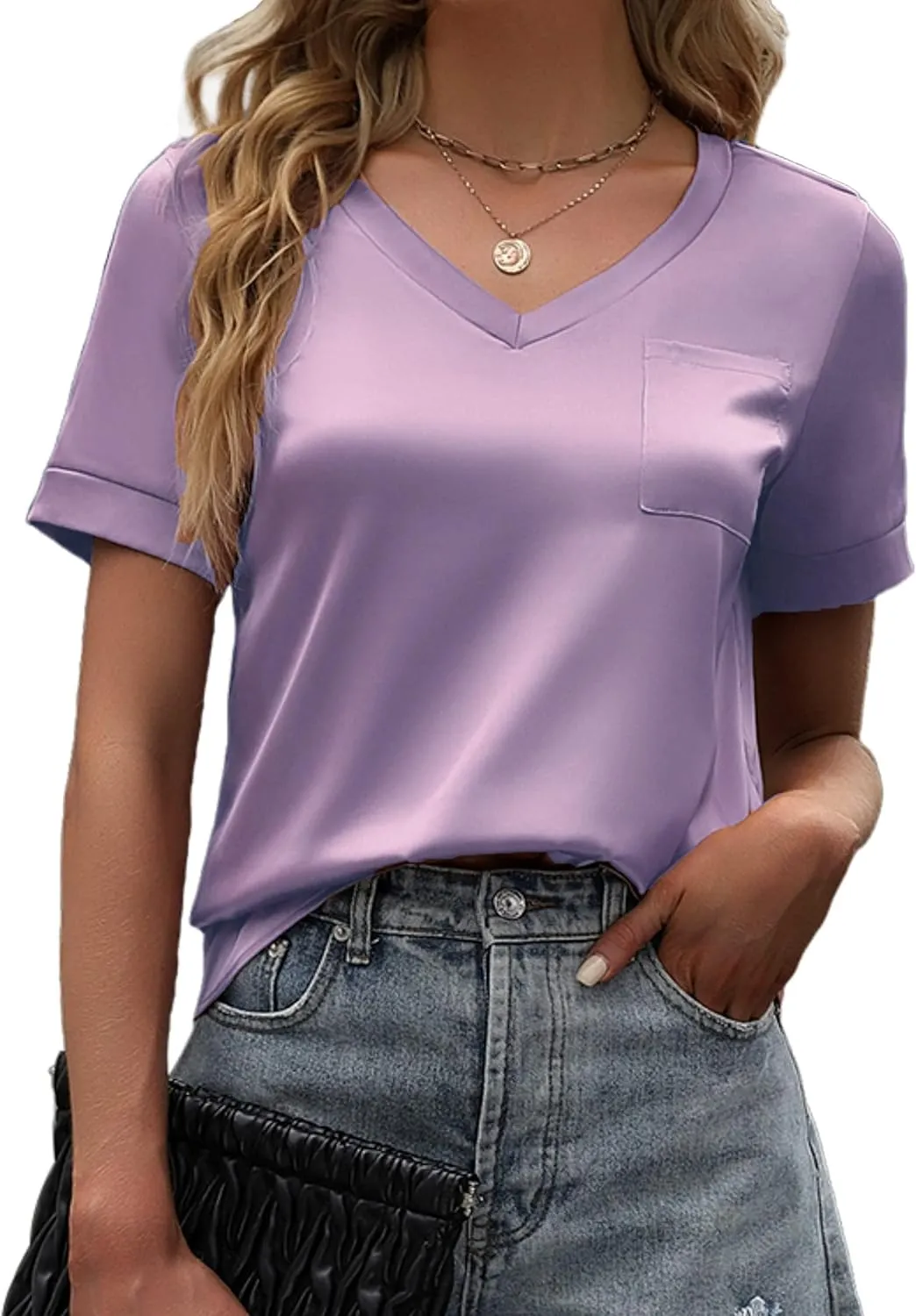 Maysoar Womens Satin Blouses for Women Short Sleeve Shirts V Neck Blouses Summer Casual Tops with Front Pocket