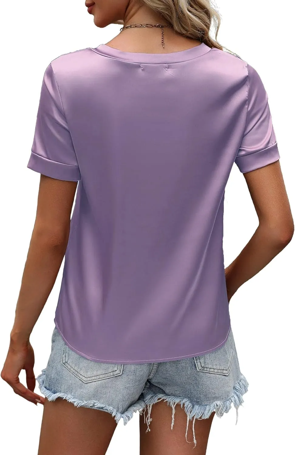 Maysoar Womens Satin Blouses for Women Short Sleeve Shirts V Neck Blouses Summer Casual Tops with Front Pocket