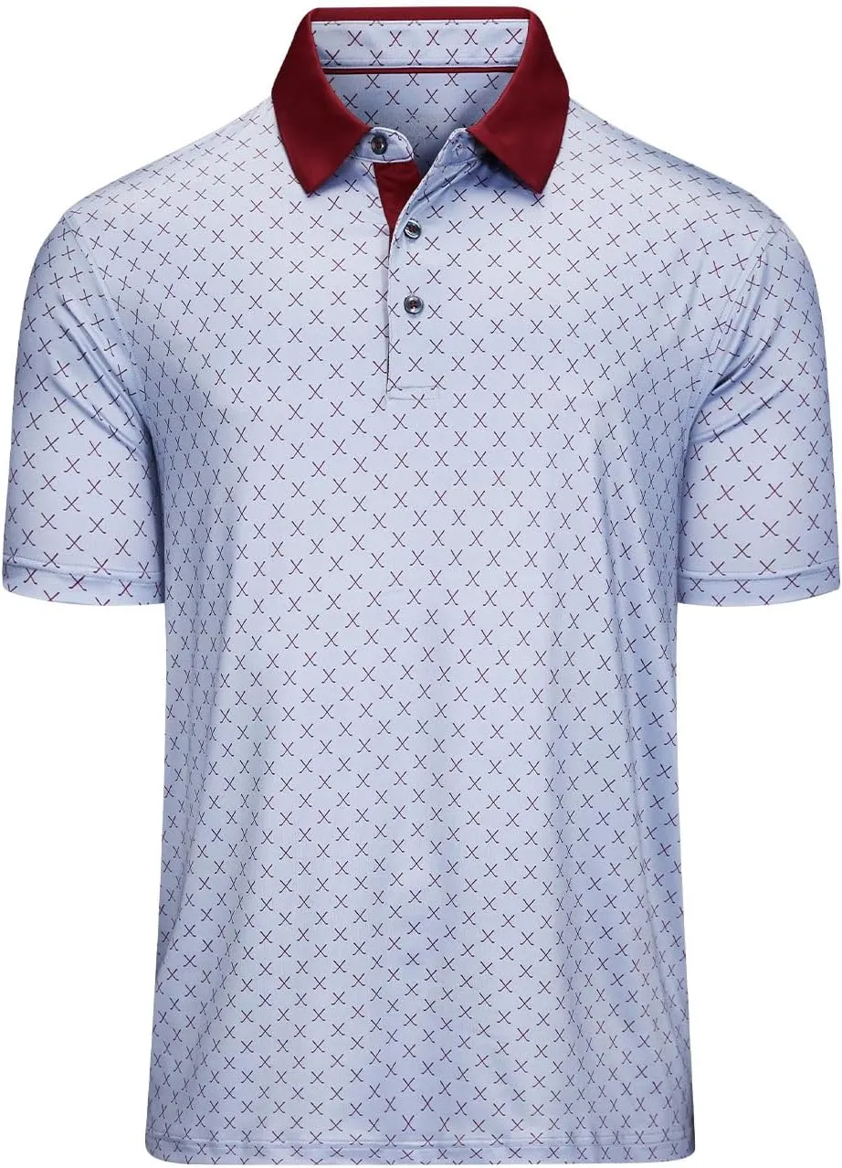 Mens Golf Polo Shirts Short Sleeve Print Performance Moisture Wicking Dry Fit Collared Golf Shirts for Men