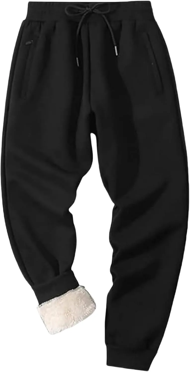 Men's Sherpa Lined Sweatpants Fleece Winter Warm Pants Active Gym Jogger Pants Track Joggers Pant with Zipper Pockets