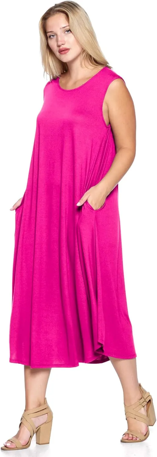 Modern Kiwi Women's Plus Size Basic Sleeveless Loose Fit Pocket Midi Maxi Dress (1X-4X)