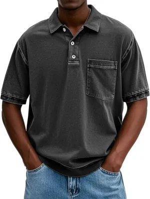 Mokaloha Mens Shirts, Men's Vintage Washed and Distressed Pure Cotton Lapel Short-Sleeved Polo Short Sleeve T-Shirts
