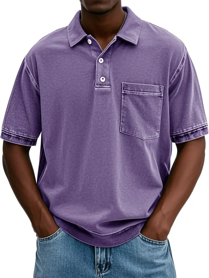 Mokaloha Mens Shirts, Men's Vintage Washed and Distressed Pure Cotton Lapel Short-Sleeved Polo Short Sleeve T-Shirts
