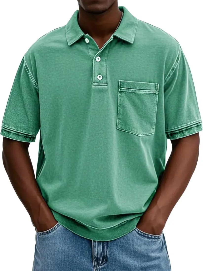 Mokaloha Mens Shirts, Men's Vintage Washed and Distressed Pure Cotton Lapel Short-Sleeved Polo Short Sleeve T-Shirts
