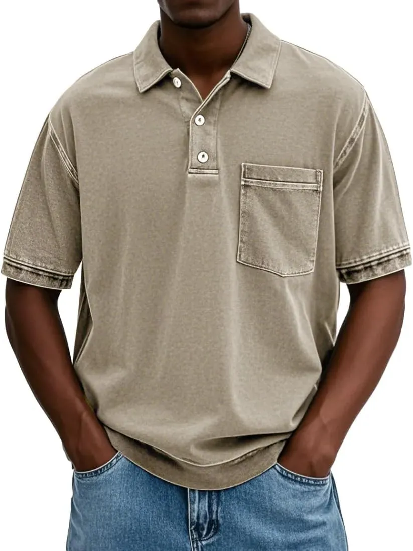 Mokaloha Mens Shirts, Men's Vintage Washed and Distressed Pure Cotton Lapel Short-Sleeved Polo Short Sleeve T-Shirts