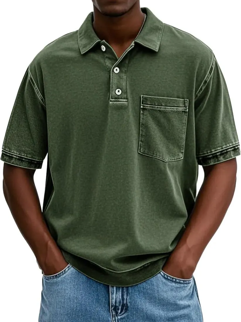 Mokaloha Mens Shirts, Men's Vintage Washed and Distressed Pure Cotton Lapel Short-Sleeved Polo Short Sleeve T-Shirts