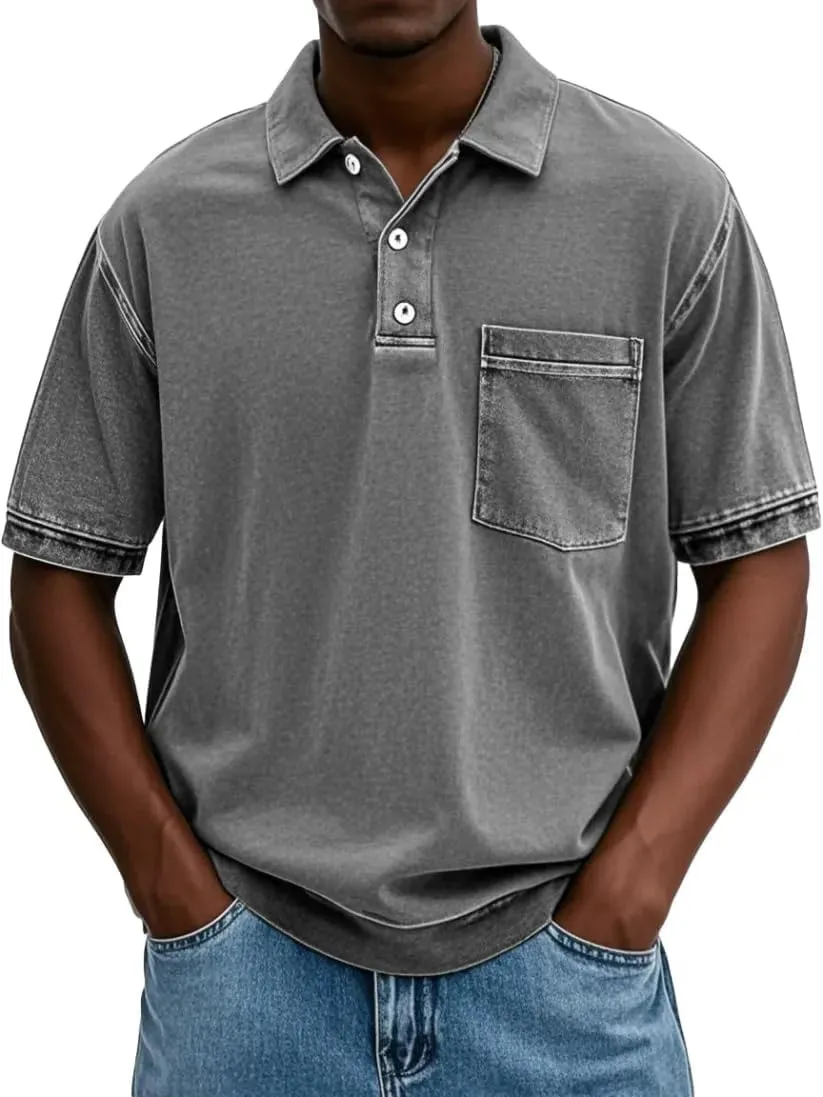 Mokaloha Mens Shirts, Men's Vintage Washed and Distressed Pure Cotton Lapel Short-Sleeved Polo Short Sleeve T-Shirts