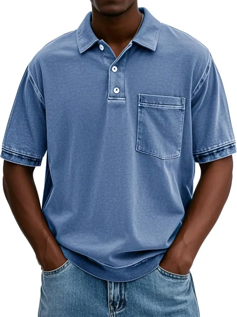 Mokaloha Mens Shirts, Men's Vintage Washed and Distressed Pure Cotton Lapel Short-Sleeved Polo Short Sleeve T-Shirts