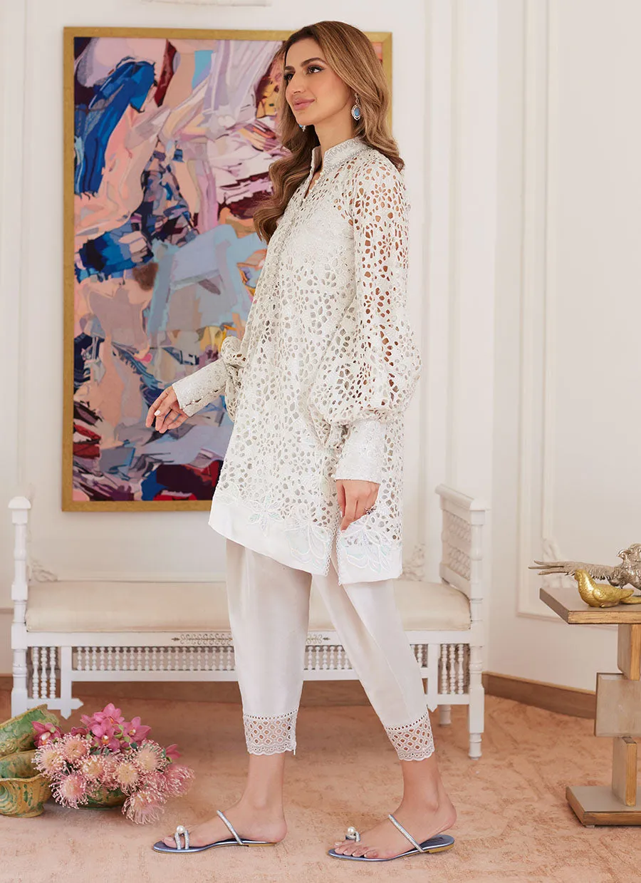 Ivory Raw Silk Shirt with Embroidered Schiffli Detail by Ophelia