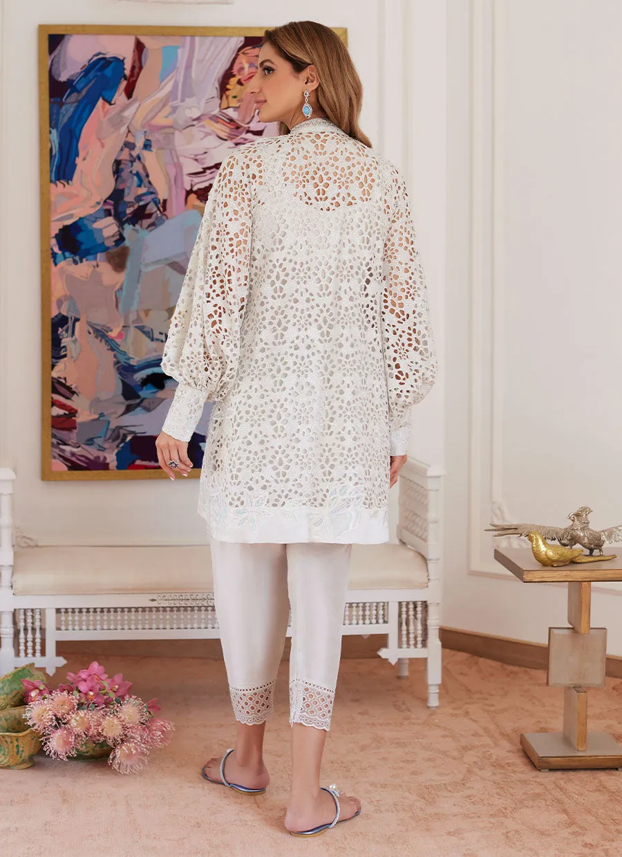 Ivory Raw Silk Shirt with Embroidered Schiffli Detail by Ophelia