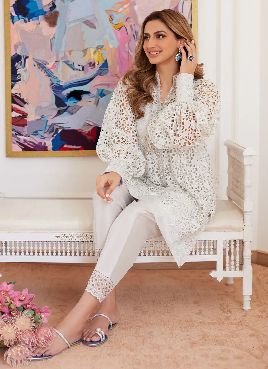 Ivory Raw Silk Shirt with Embroidered Schiffli Detail by Ophelia