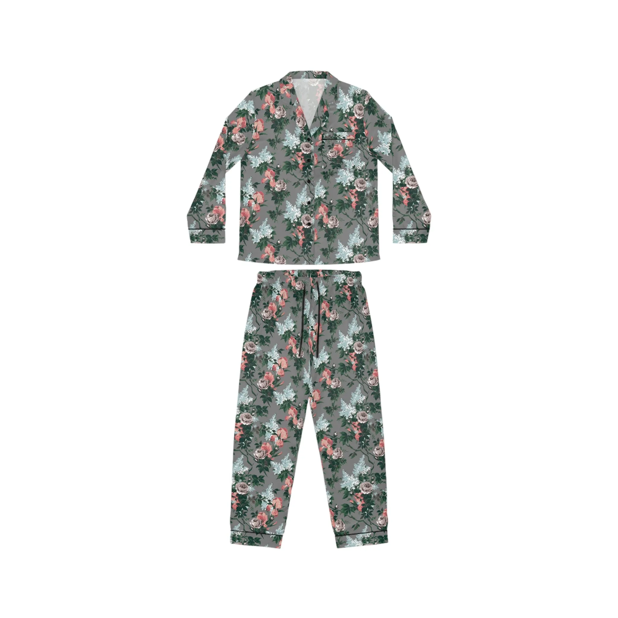 Pajama Game in J'adore Bella Roses Satin 2 Piece Button Up PJ Set | Pinup Couture Relaxed