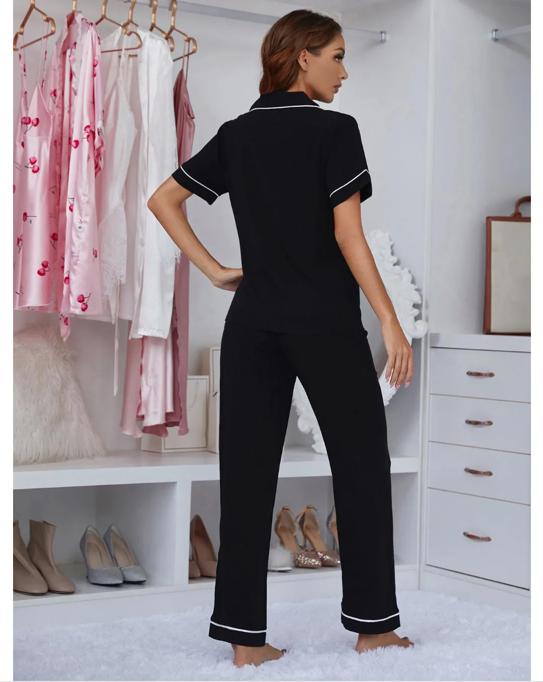 Pajamas Solid Color Buttons Short-Sleeved Trousers Women Home Wear Two-Piece Suit