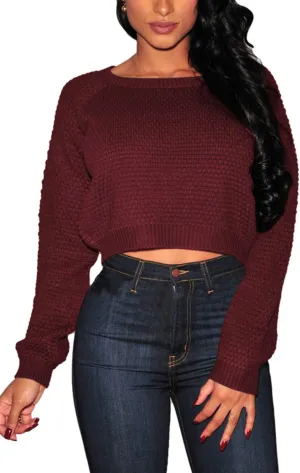 Pink Queen Crop Sweaters for Women Trendy Crew Neck Long Sleeve Fall Ribbed Pullover Cropped Knit Tops