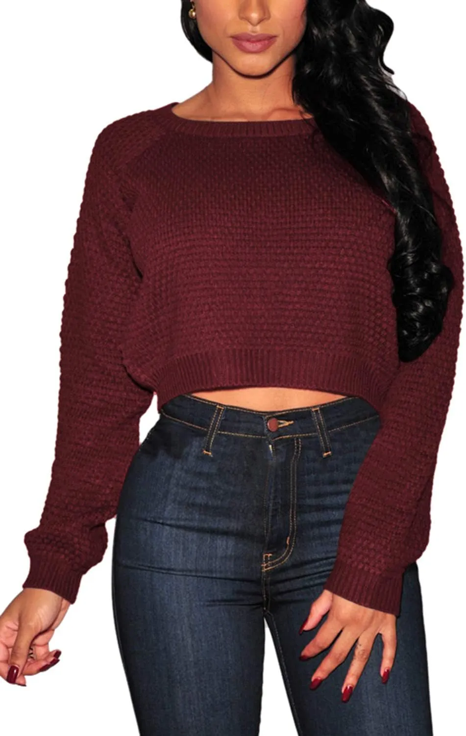 Pink Queen Crop Sweaters for Women Trendy Crew Neck Long Sleeve Fall Ribbed Pullover Cropped Knit Tops
