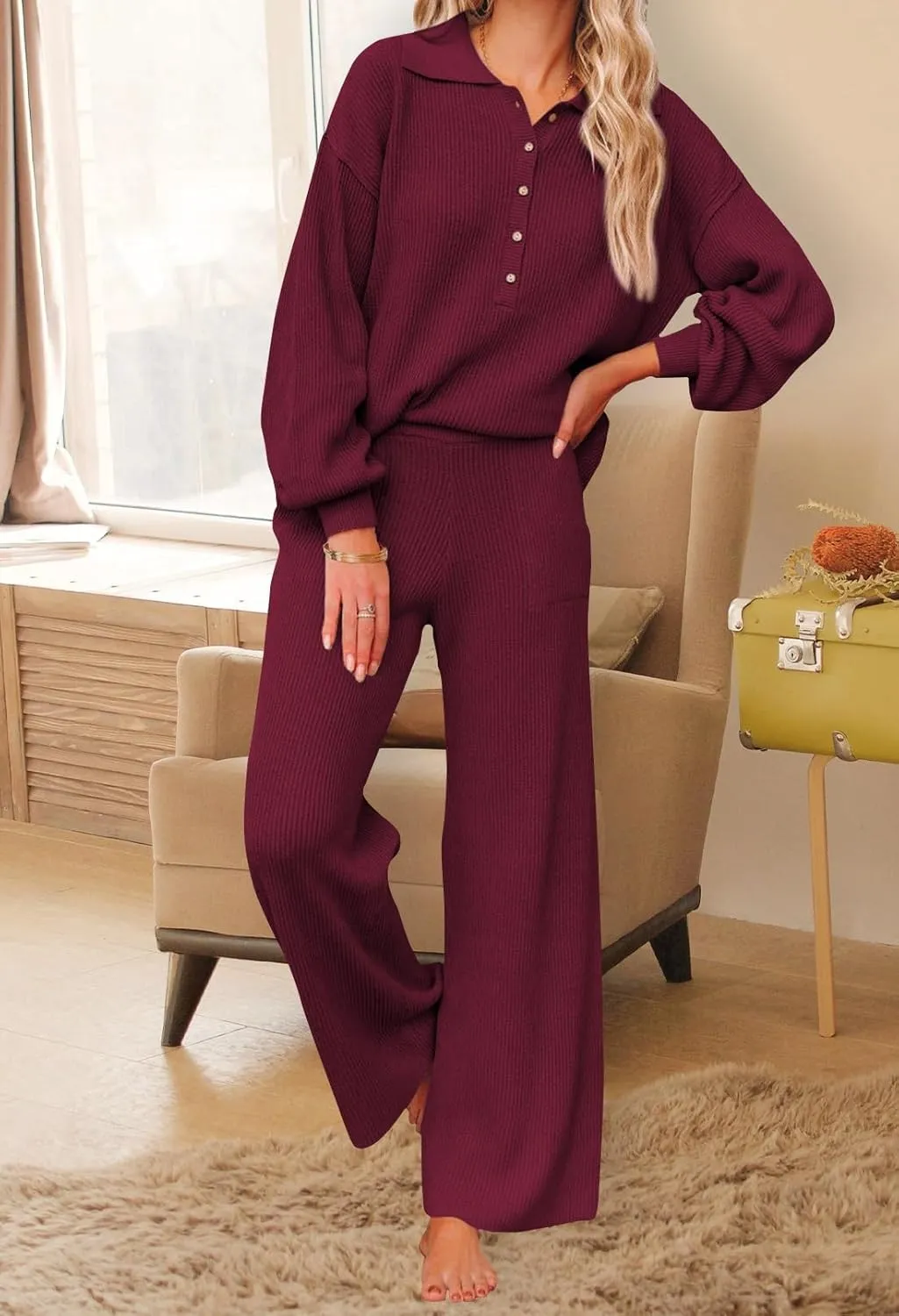 Pink Queen Women's 2 Piece Outfit Sweater Set Long Sleeve Button Knit Pullover Top Wide Leg Pants Pocket Sweatsuit