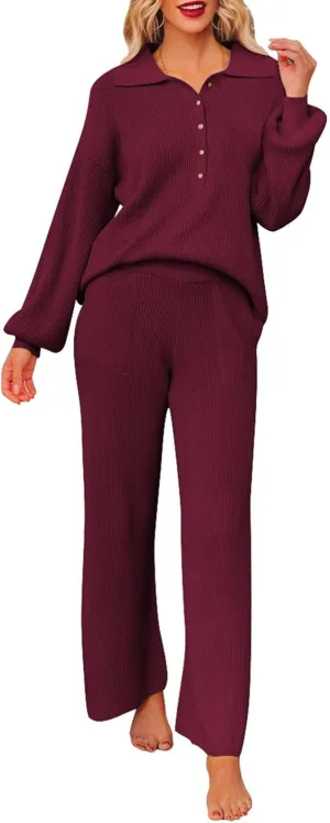 Pink Queen Women's 2 Piece Outfit Sweater Set Long Sleeve Button Knit Pullover Top Wide Leg Pants Pocket Sweatsuit