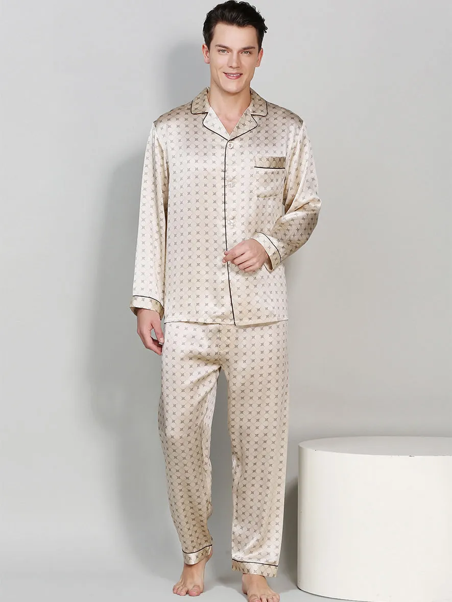 Printed Lapel Men‘s Pure Silk Pajamas