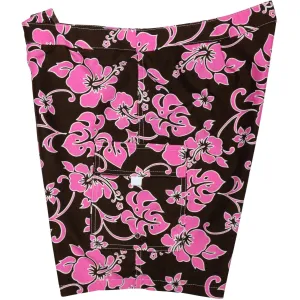 "Pure Hibiscus" (Brown Pink)  Womens Board/Swim Shorts - 11"