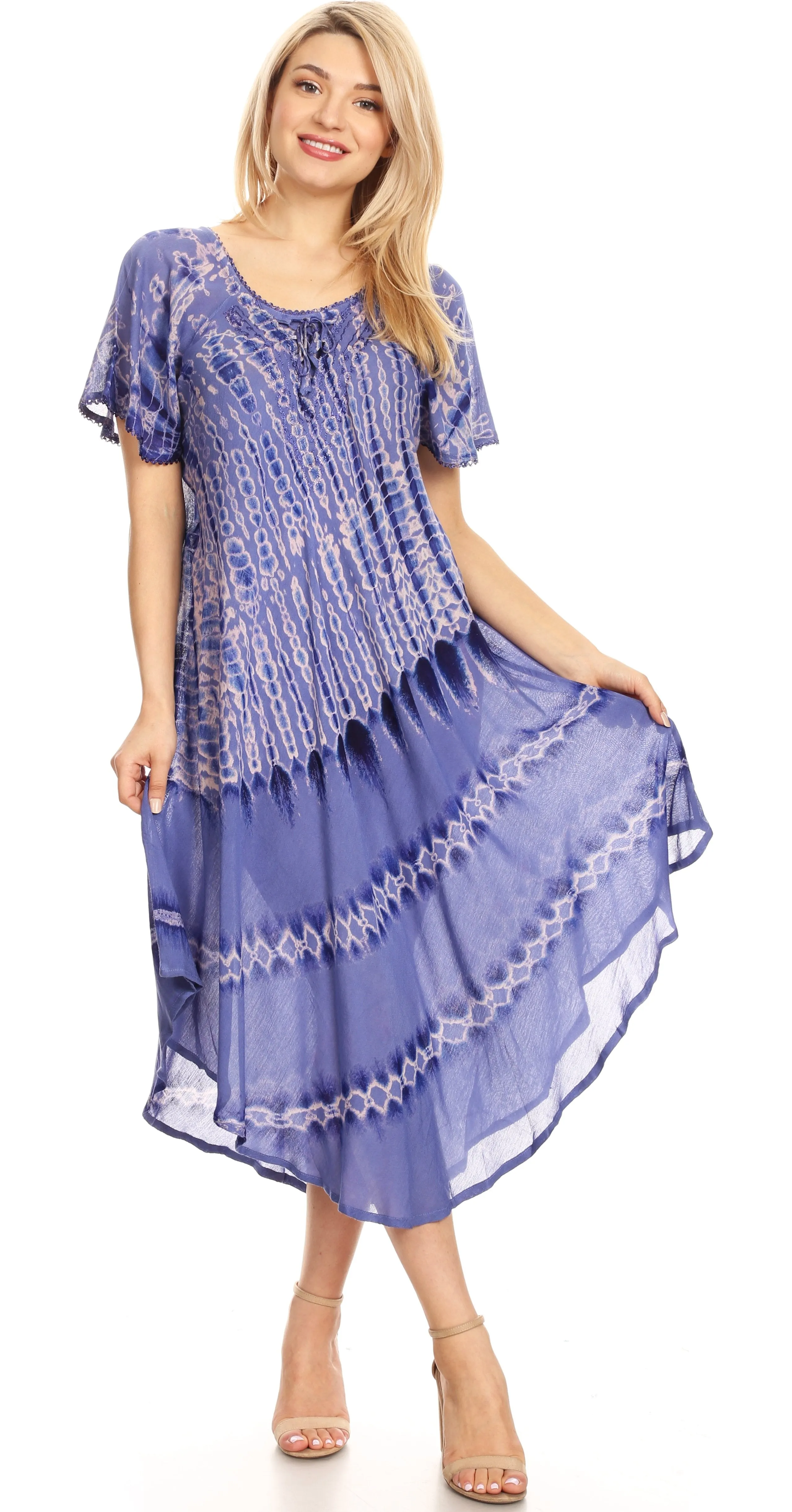 Sakkas Dalida Women's Short Sleeve Corset Tie dye Embroidered Flared Dress