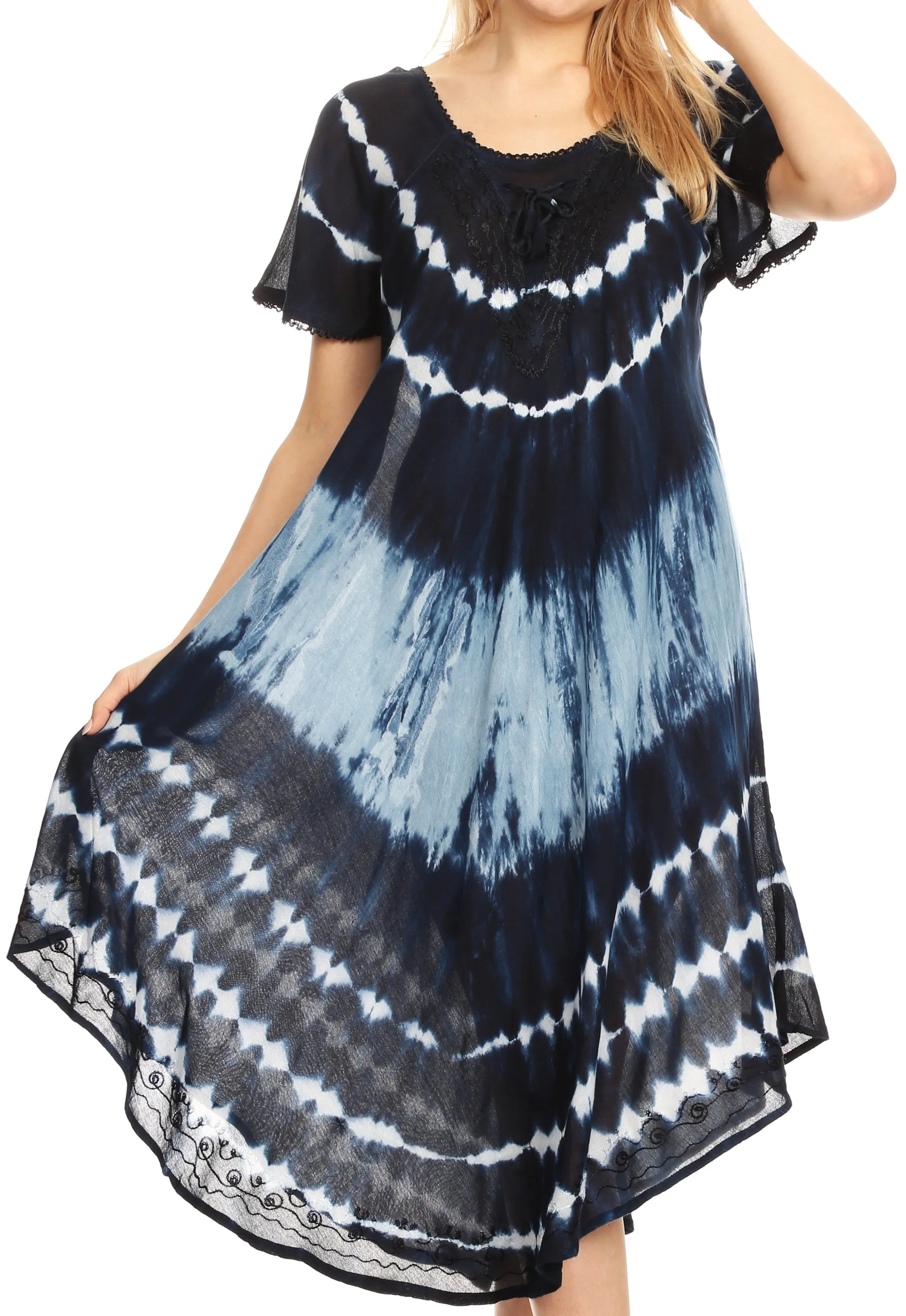 Sakkas Dalida Women's Short Sleeve Corset Tie dye Embroidered Flared Dress