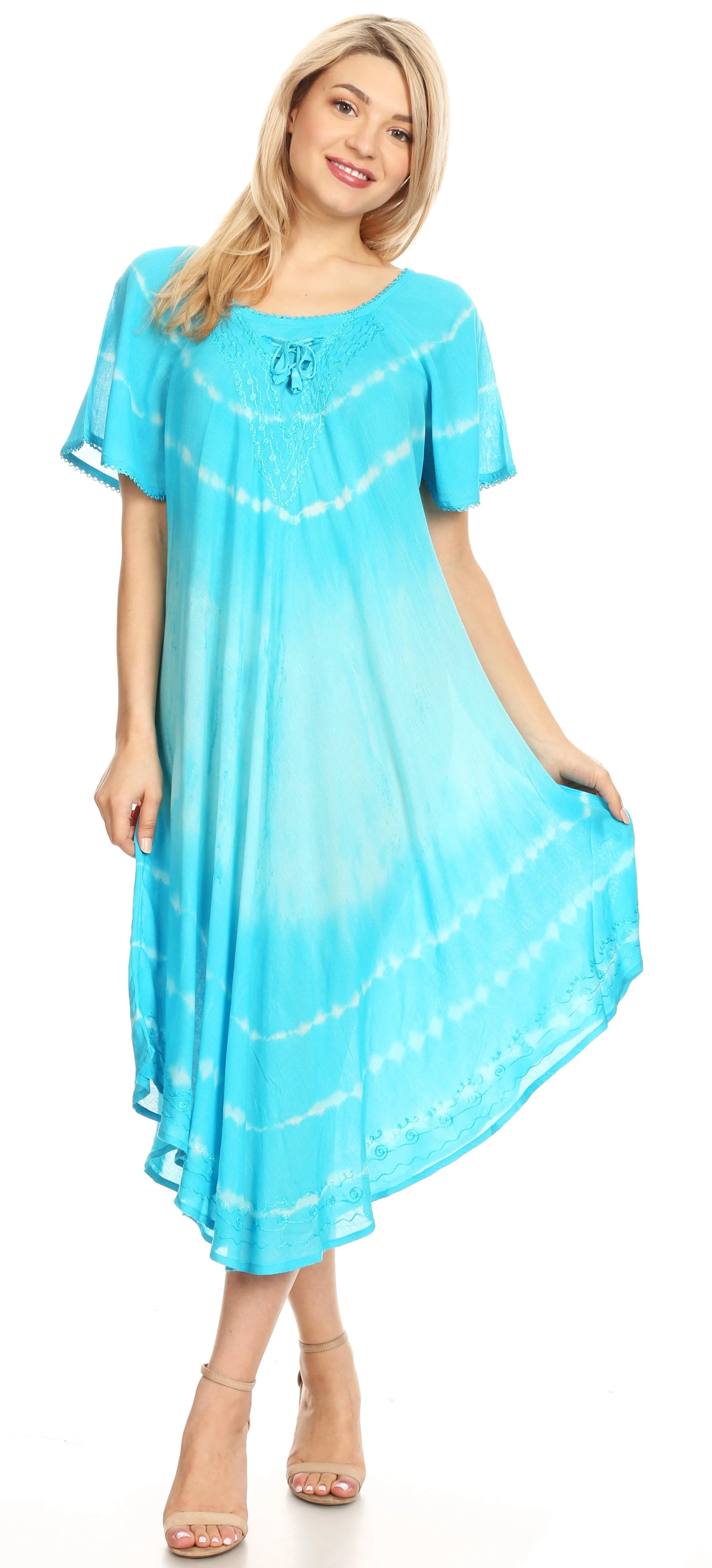 Sakkas Dalida Women's Short Sleeve Corset Tie dye Embroidered Flared Dress