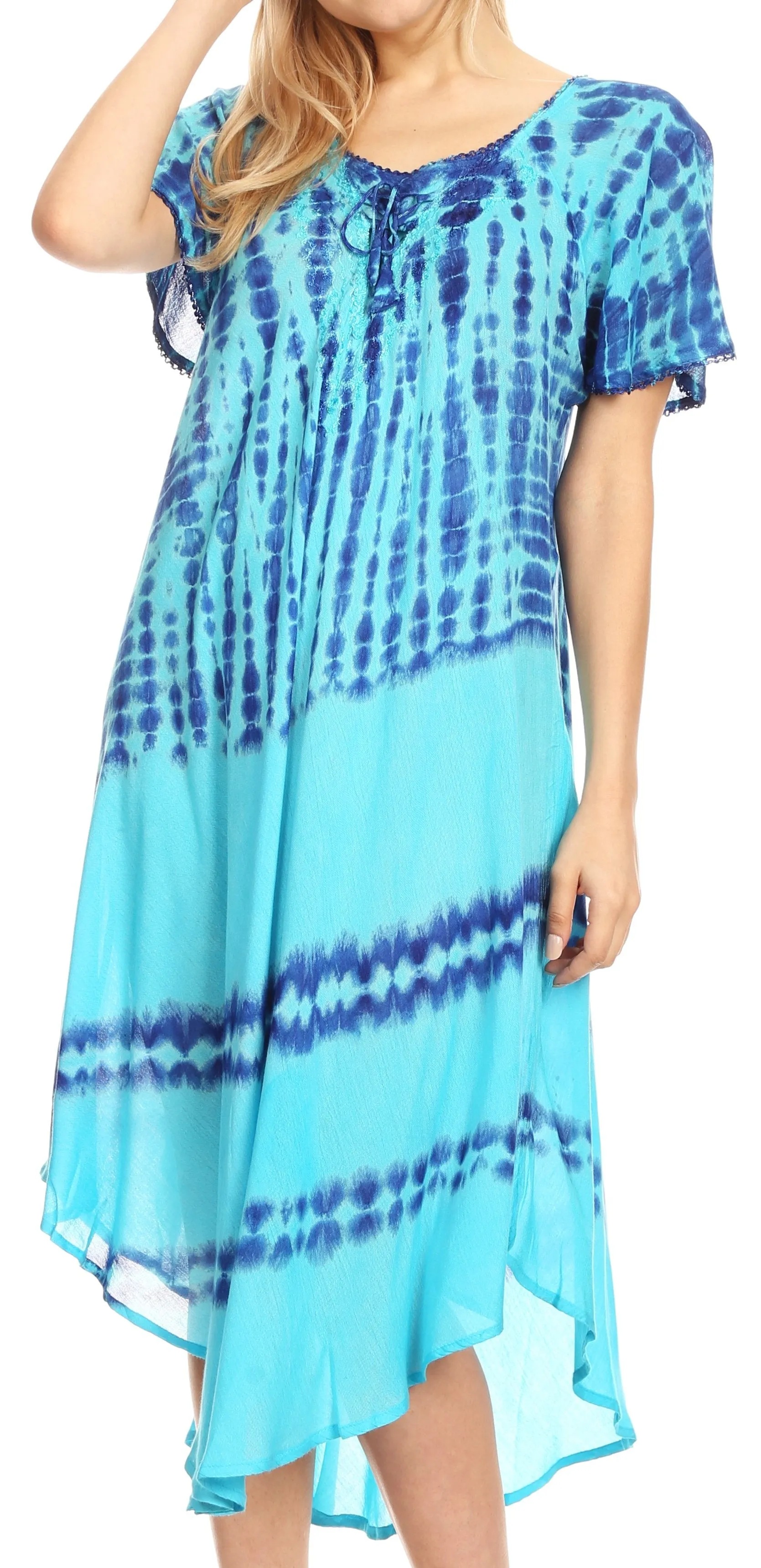 Sakkas Dalida Women's Short Sleeve Corset Tie dye Embroidered Flared Dress