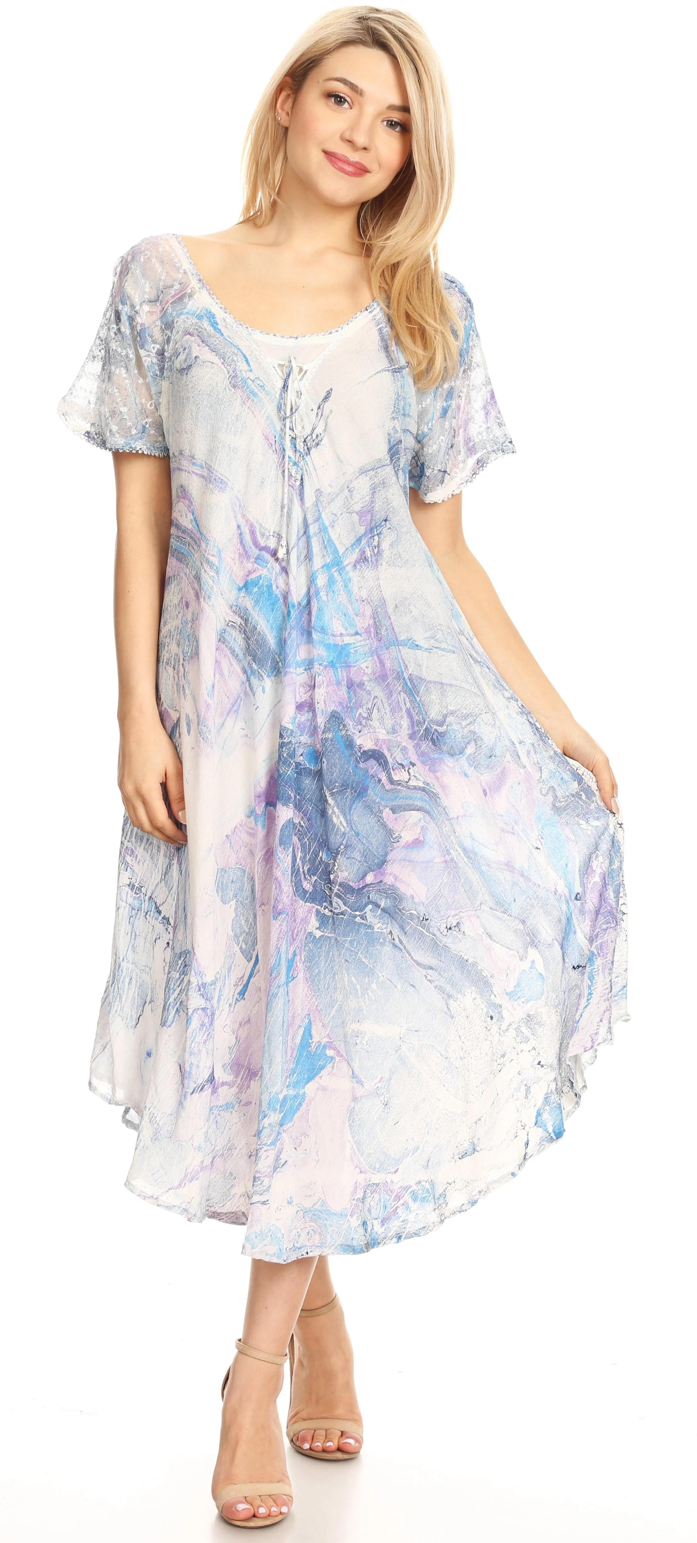 Sakkas Dalida Women's Short Sleeve Corset Tie dye Embroidered Flared Dress