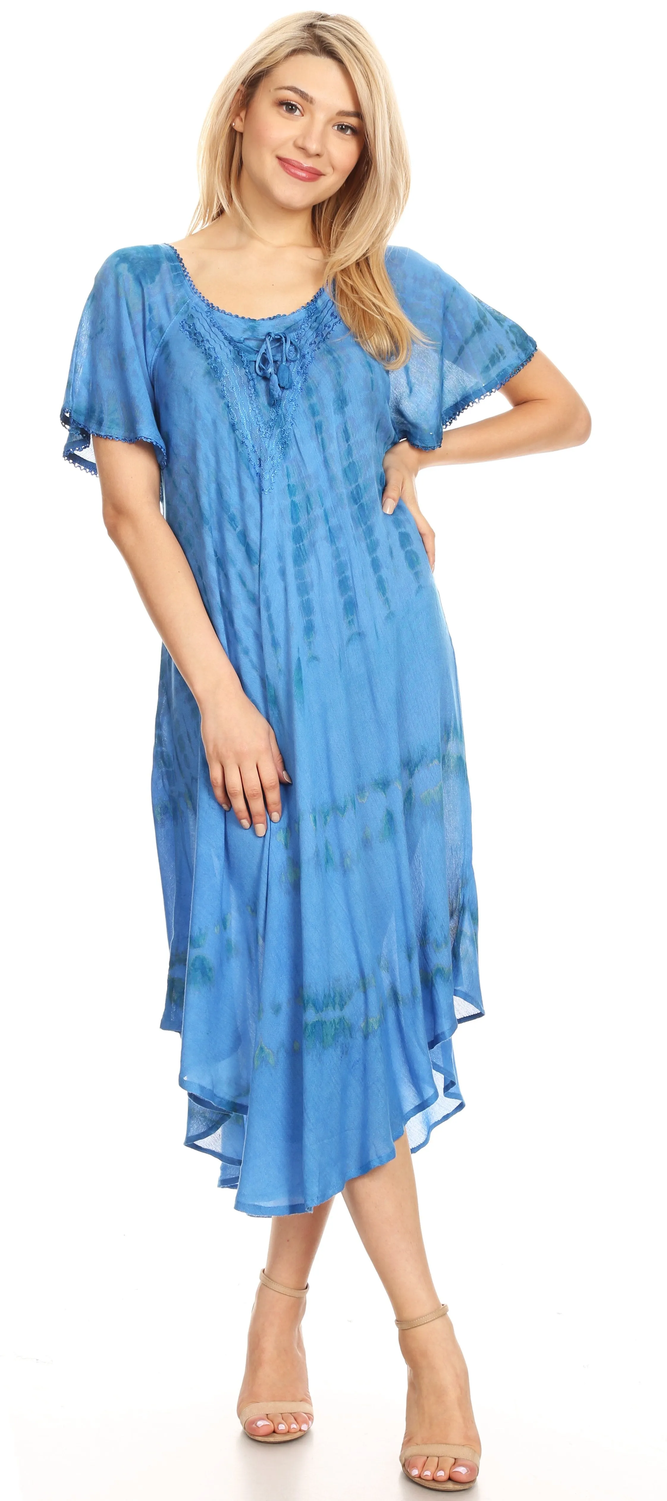 Sakkas Dalida Women's Short Sleeve Corset Tie dye Embroidered Flared Dress