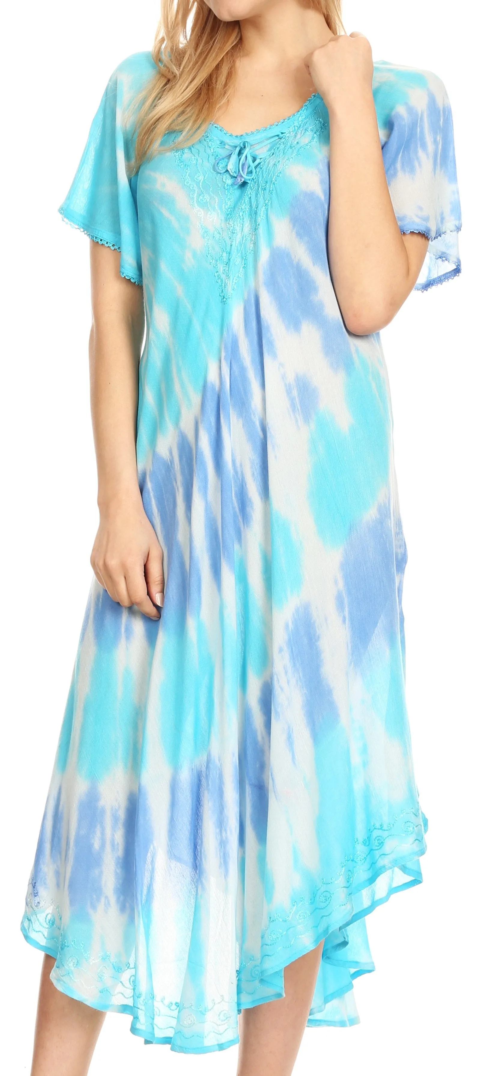 Sakkas Dalida Women's Short Sleeve Corset Tie dye Embroidered Flared Dress