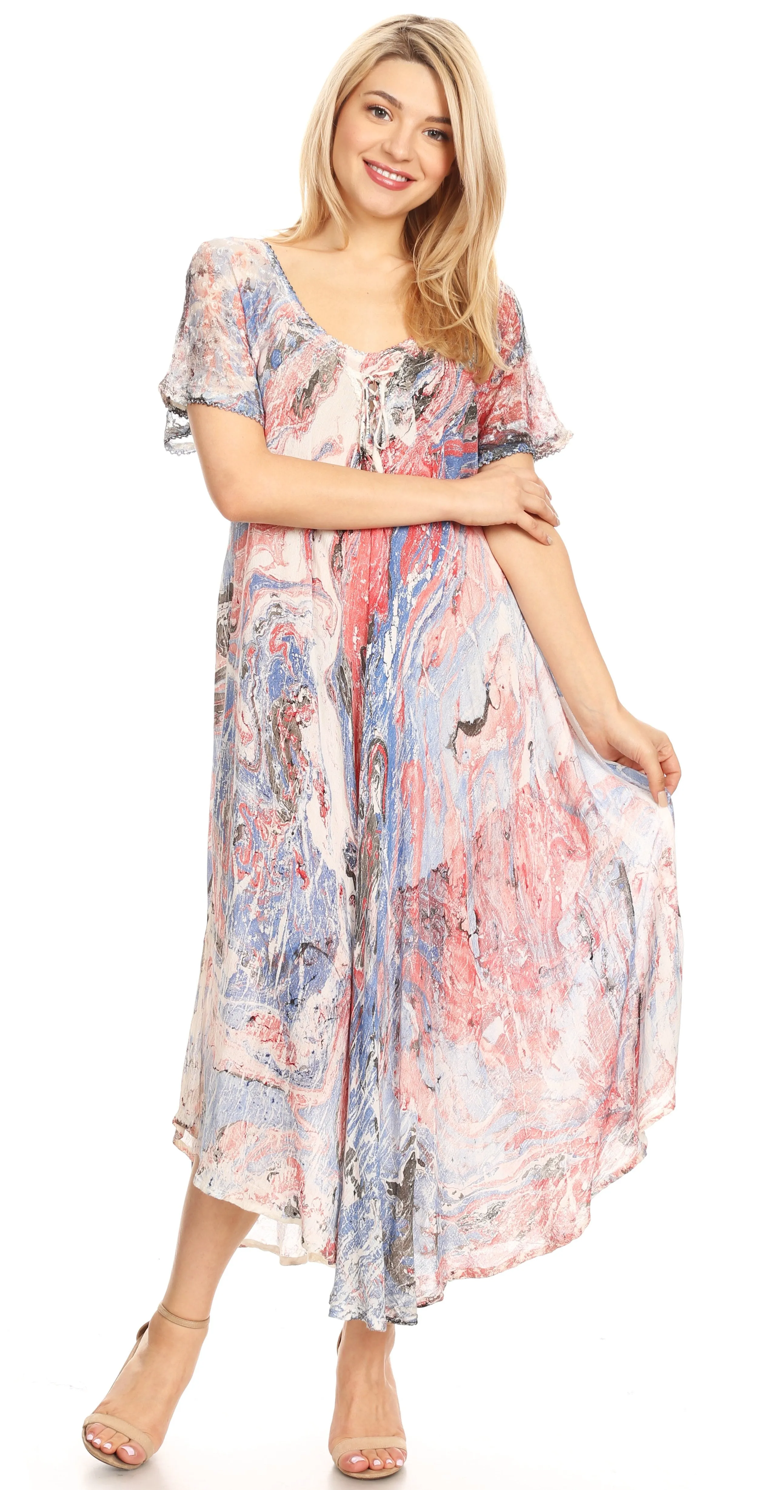 Sakkas Dalida Women's Short Sleeve Corset Tie dye Embroidered Flared Dress
