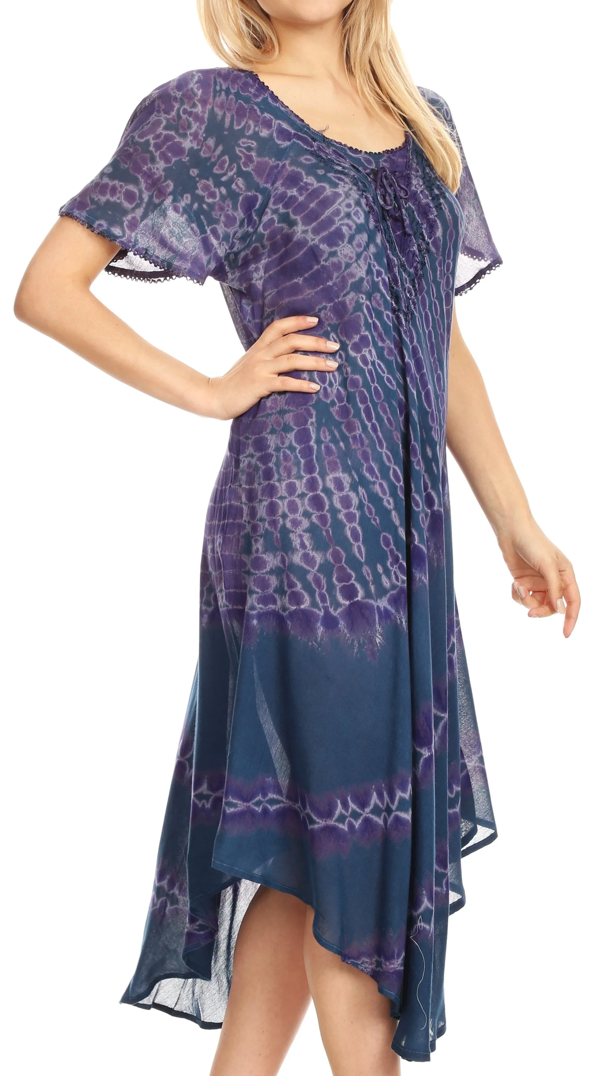 Sakkas Dalida Women's Short Sleeve Corset Tie dye Embroidered Flared Dress
