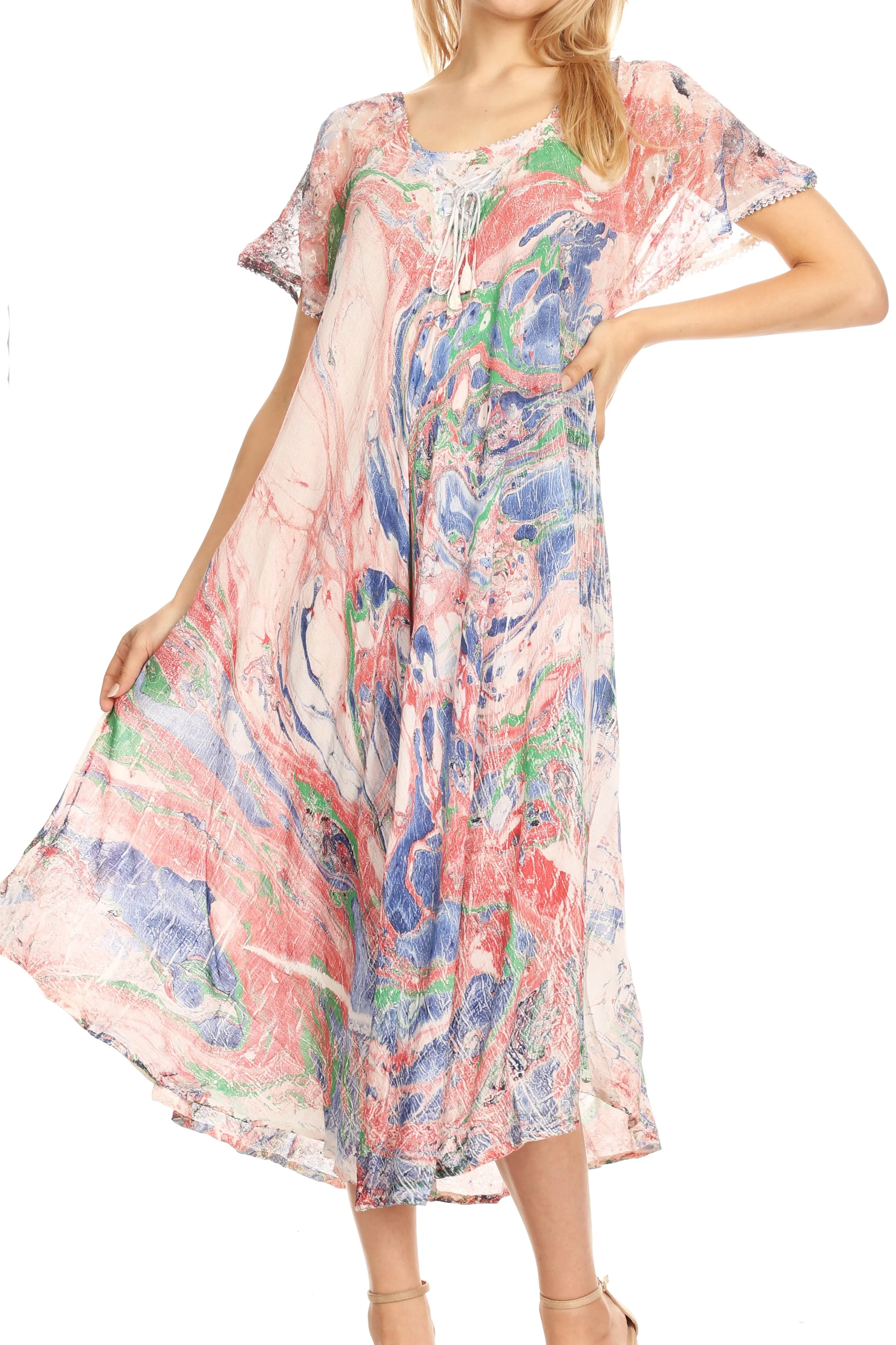 Sakkas Dalida Women's Short Sleeve Corset Tie dye Embroidered Flared Dress