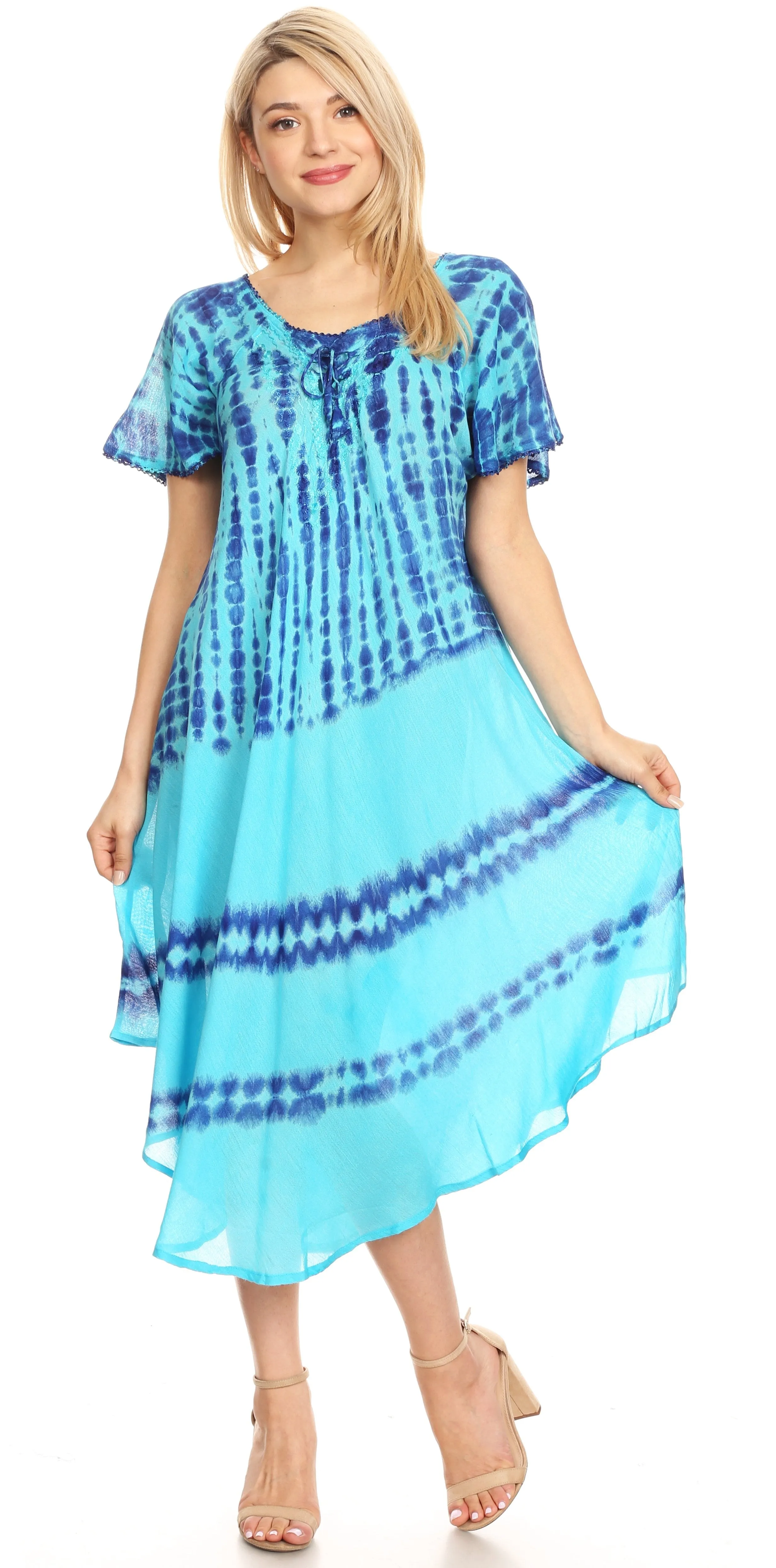 Sakkas Dalida Women's Short Sleeve Corset Tie dye Embroidered Flared Dress