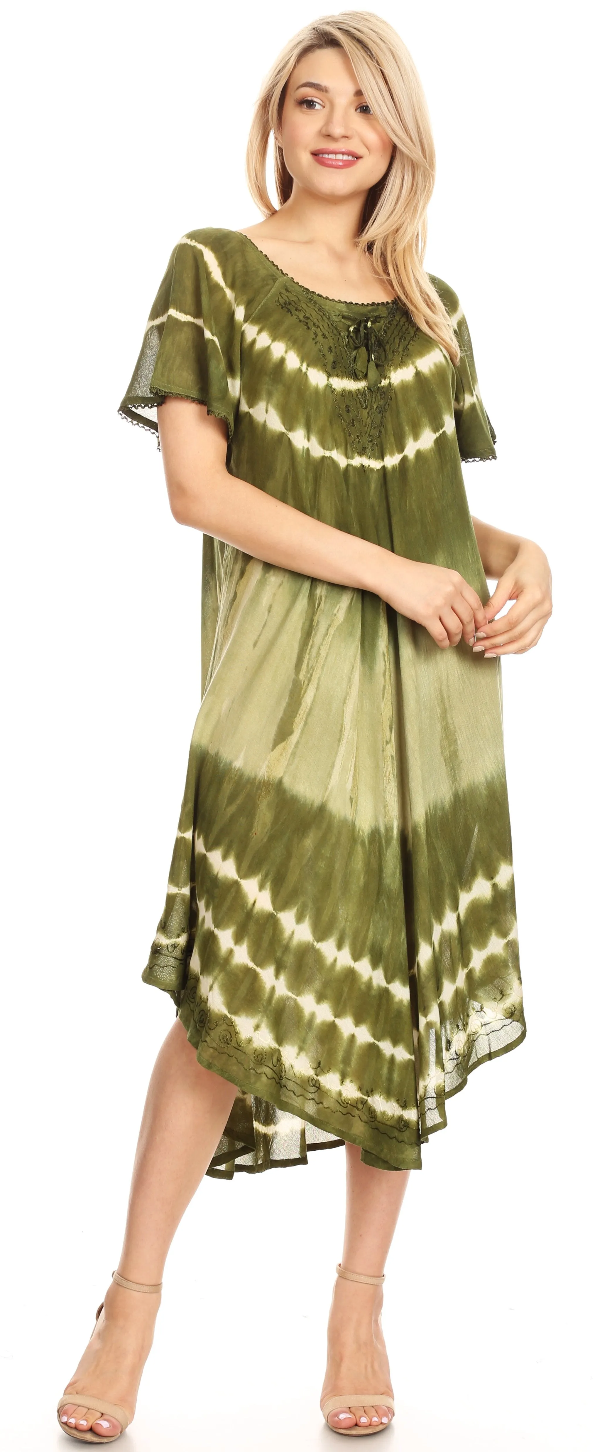 Sakkas Dalida Women's Short Sleeve Corset Tie dye Embroidered Flared Dress