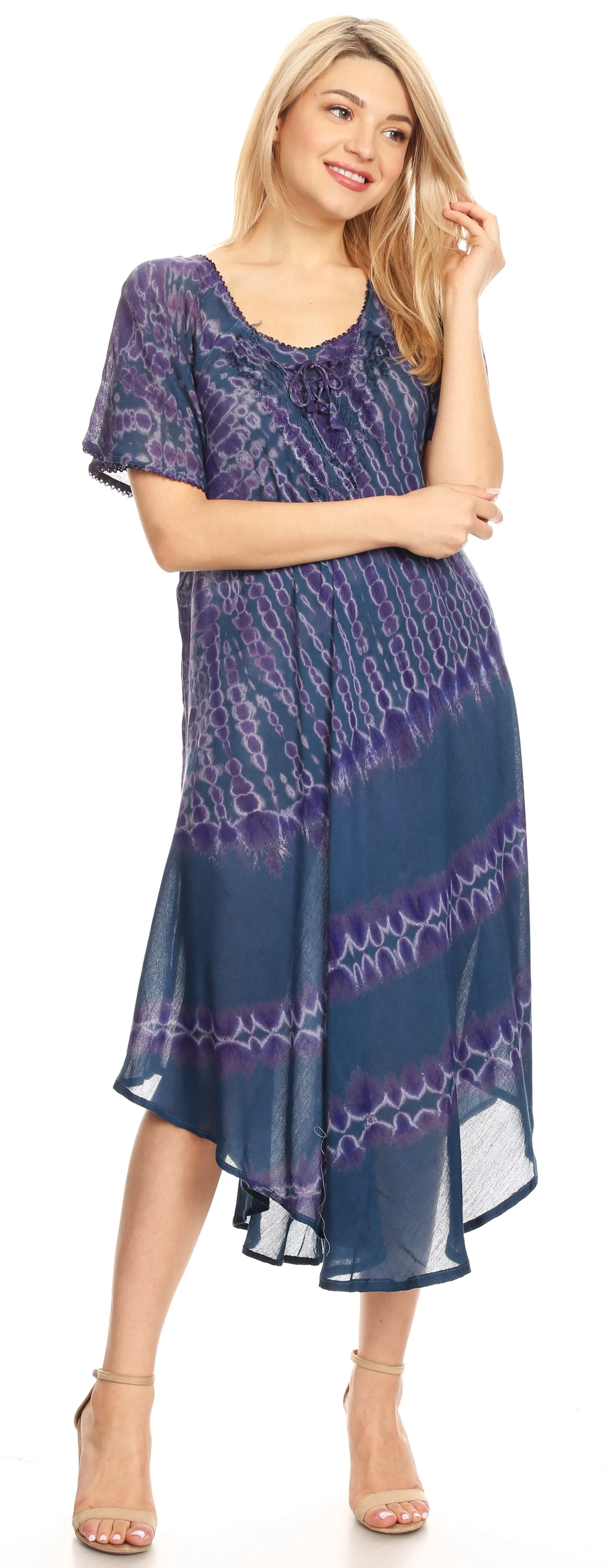 Sakkas Dalida Women's Short Sleeve Corset Tie dye Embroidered Flared Dress