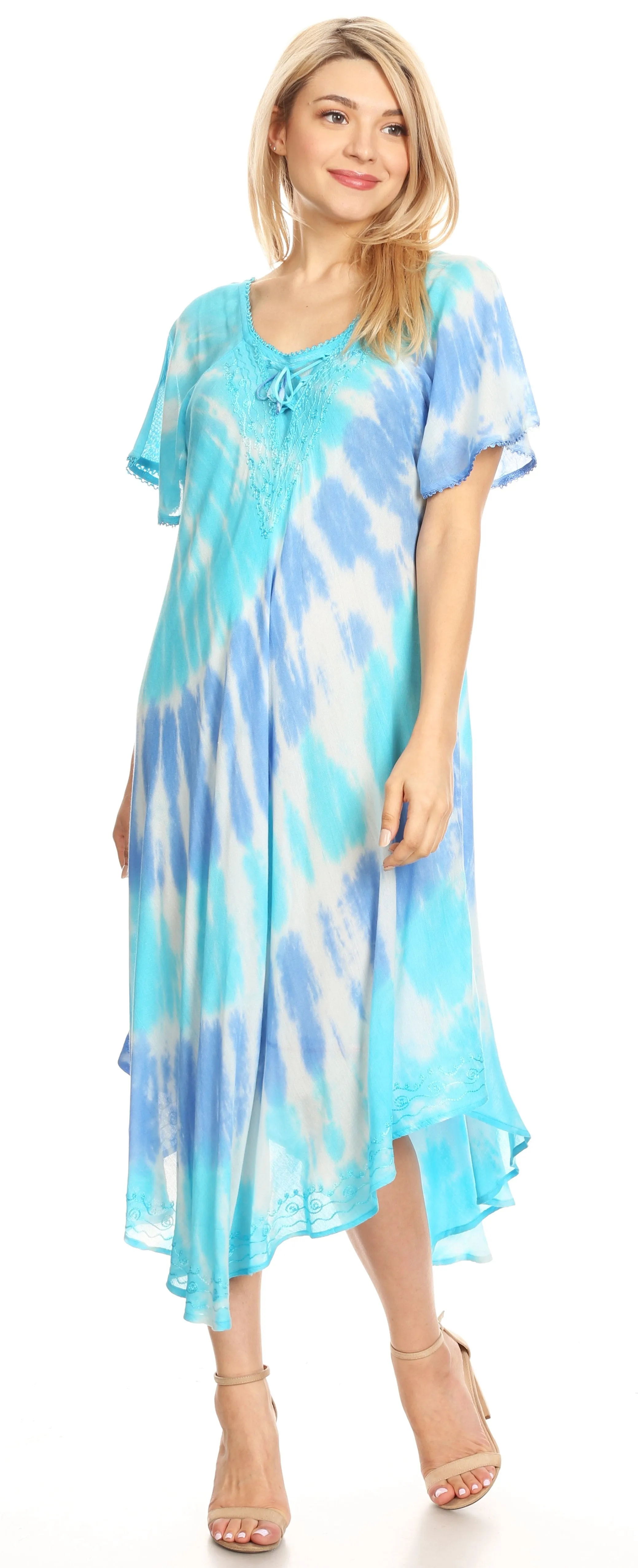Sakkas Dalida Women's Short Sleeve Corset Tie dye Embroidered Flared Dress