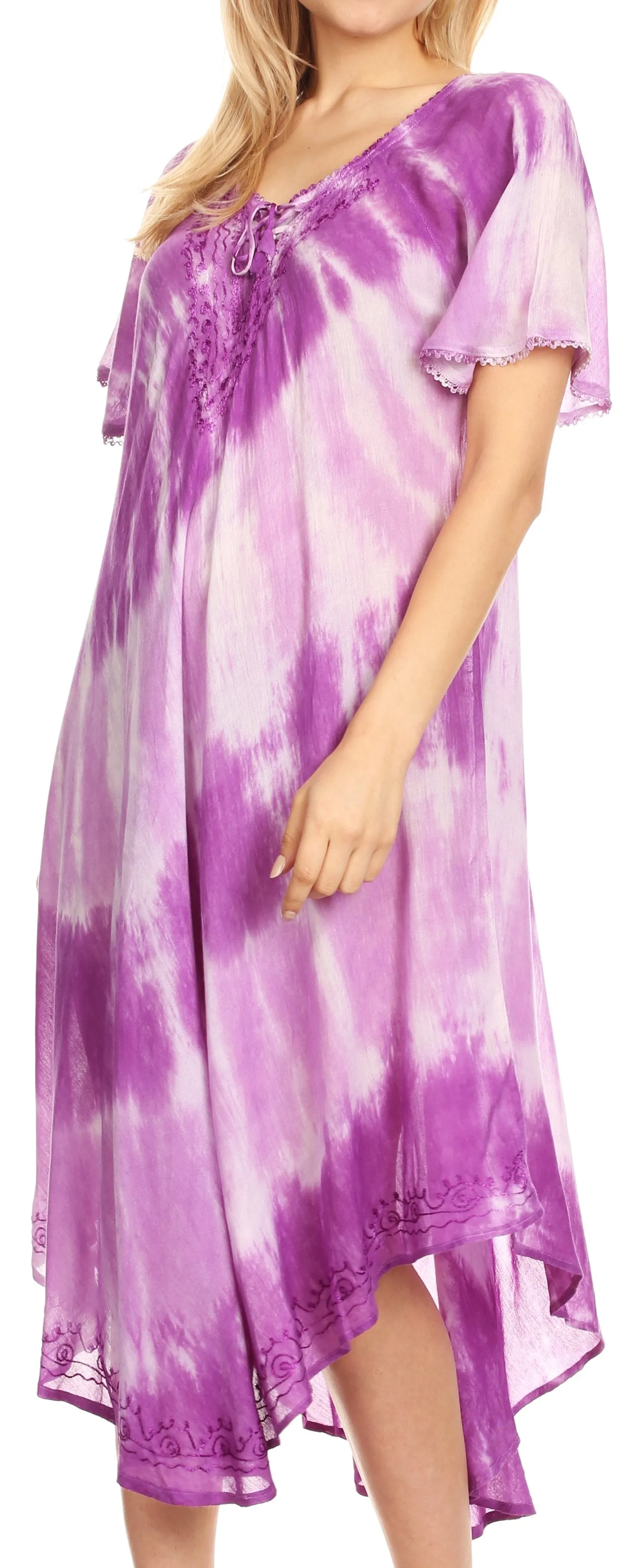 Sakkas Dalida Women's Short Sleeve Corset Tie dye Embroidered Flared Dress