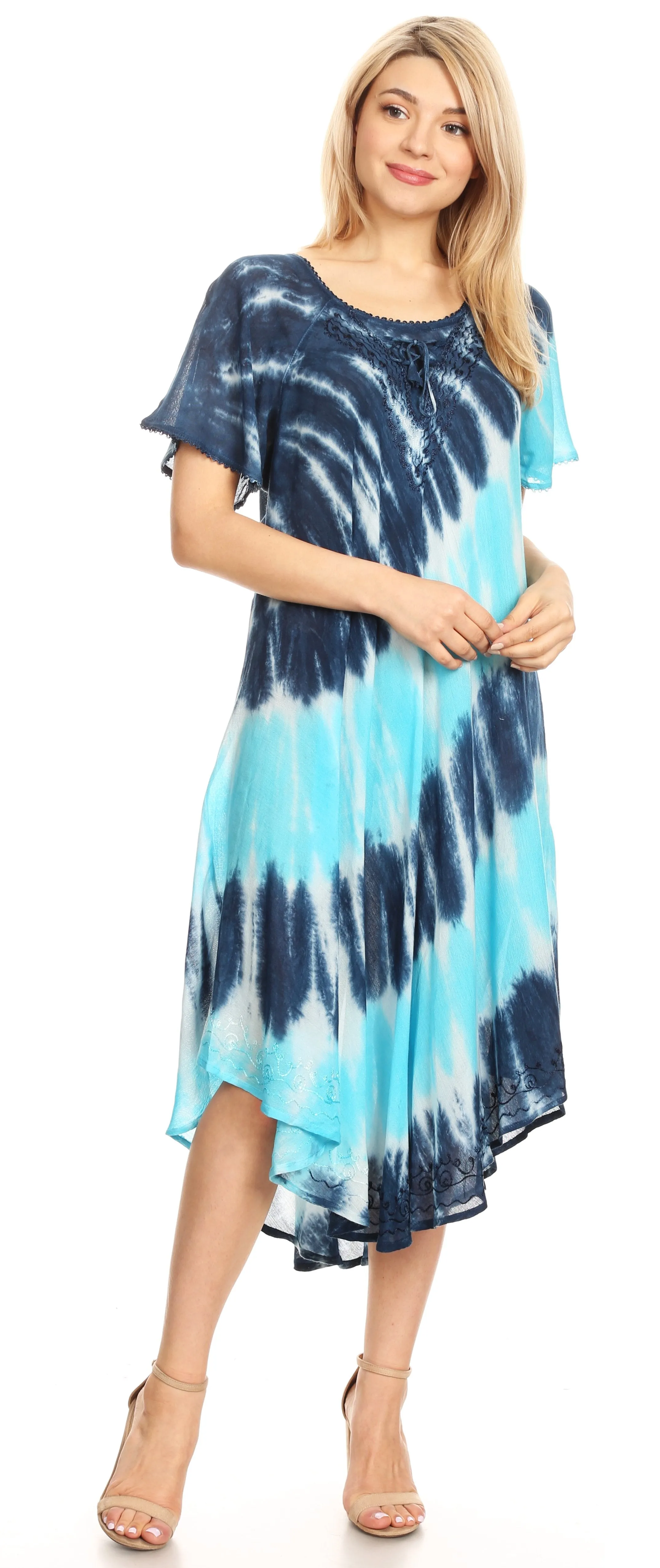 Sakkas Dalida Women's Short Sleeve Corset Tie dye Embroidered Flared Dress